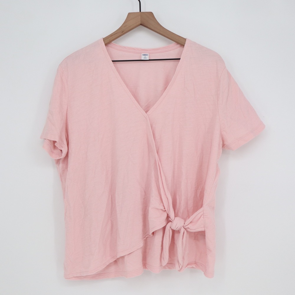 Old Navy Top Womens XL Faux Wrap Side Tie Pink Slub Cotton Short Sleeve VGUC